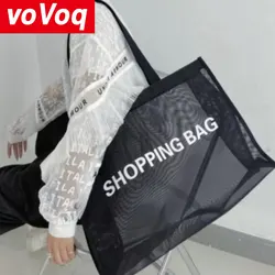 Black Transparent Mesh Shopping Bag Large Capacity Nylon Mall Beach Fitness Yoga Shoulder Tote Bag for Women Organizer