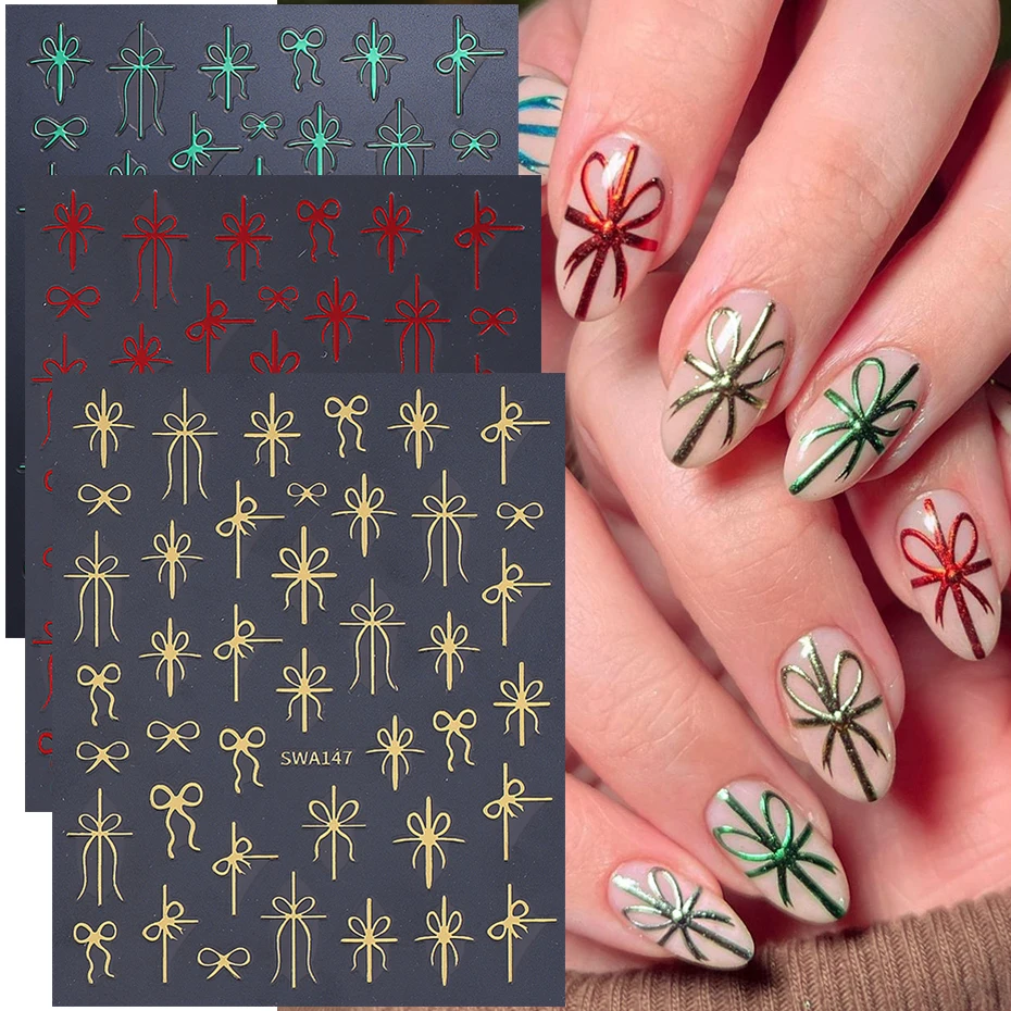 3/6 stücke Weihnachten Nail art Aufkleber 3D Schneeflocke Bogen Französisch Linie Design Aufkleber DIY Selbst-Kleber Neue Jahr maniküre Dekoration