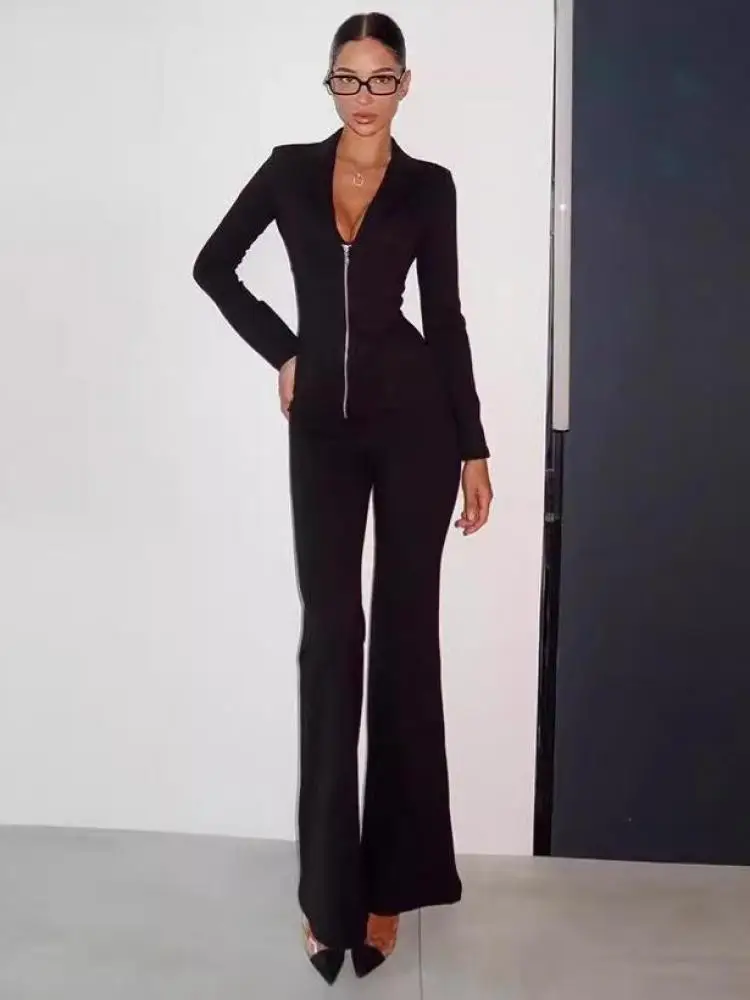

Women Autumn 2 Piece Set 2025 Newest Casual Simple Solid Long Sleeve V-neck Zipper Top Loose High Waist Flare Pants Sets