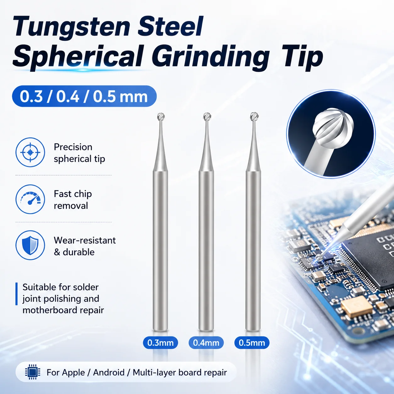 

JTX JS-03 0.3 0.4 0.5mm Tungsten Steel Grinding Tip Solder Joint Polishing Tool for iPhone Android Motherboard BGA IC Repair Kit
