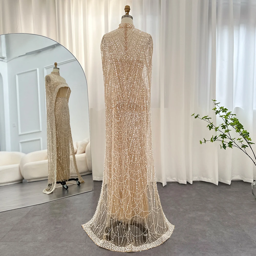 Sharon Said Luxus-Perlen Dubai Champagner Meerjungfrauen-Abendkleider mit Cape-Ärmeln Arabisches Hochzeits- und Abschlussballkleid SS369 Maßanfertigung – Detail 12