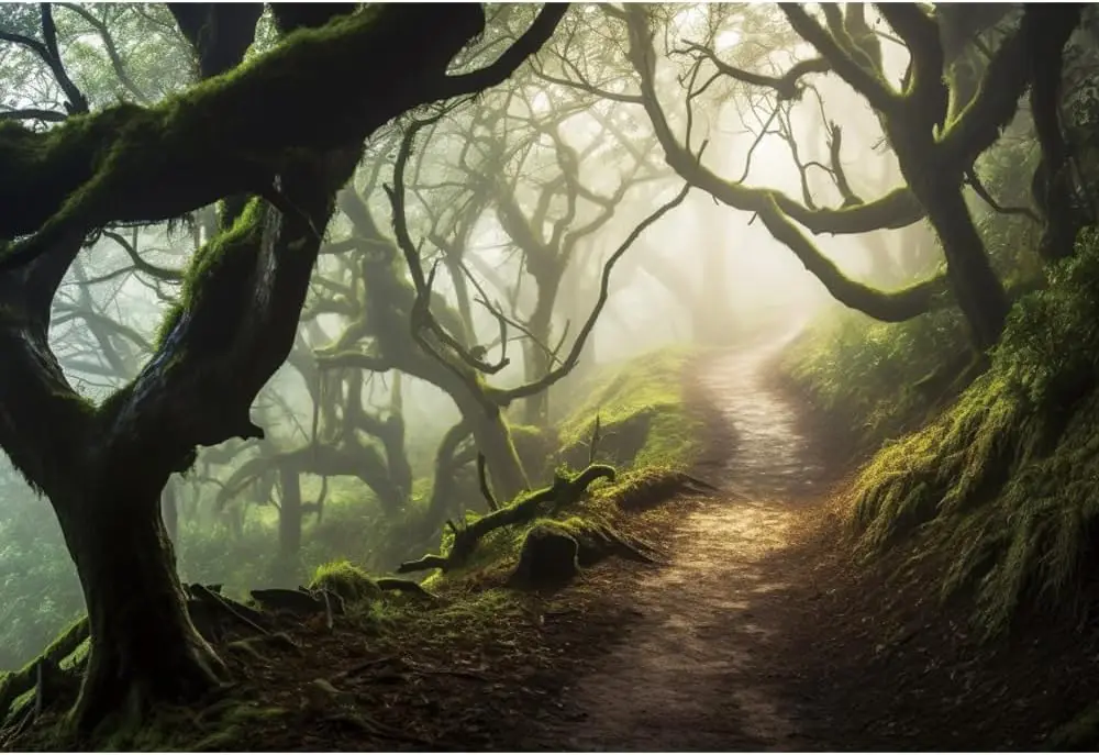 Misty Woodland Path Forest Backdrop Green Trees Branches Party Photo Booth Banner