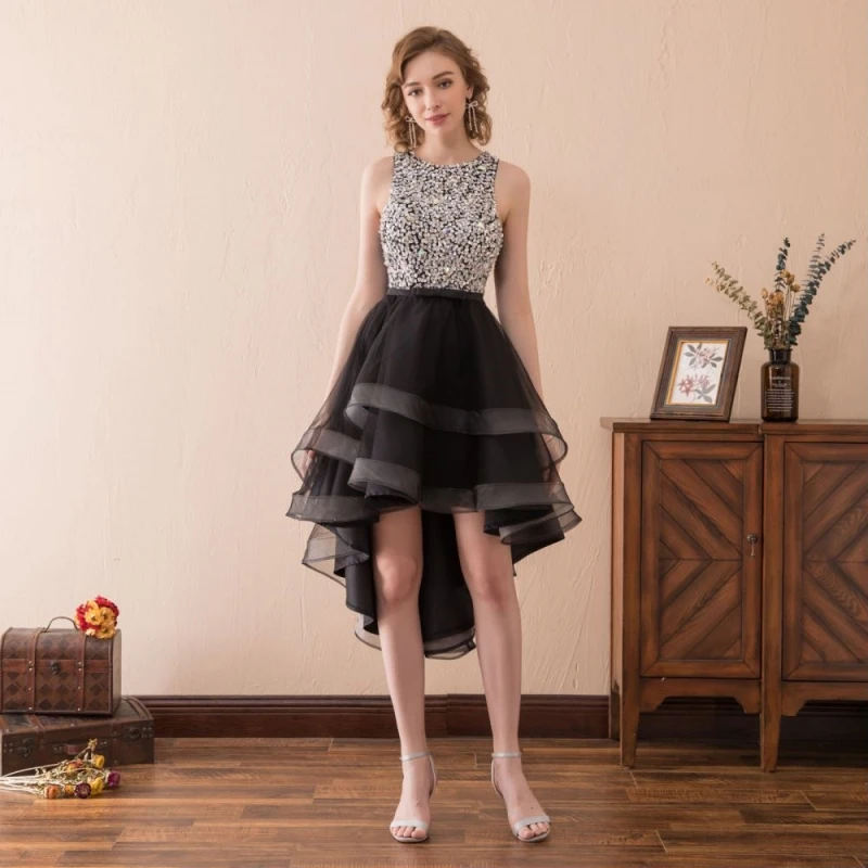 Black Wedding Dress Tulle Tiered Diamond High-low Skirt Sleeveless For Wedding Birthday Party Banquet Evening Communion Gowns