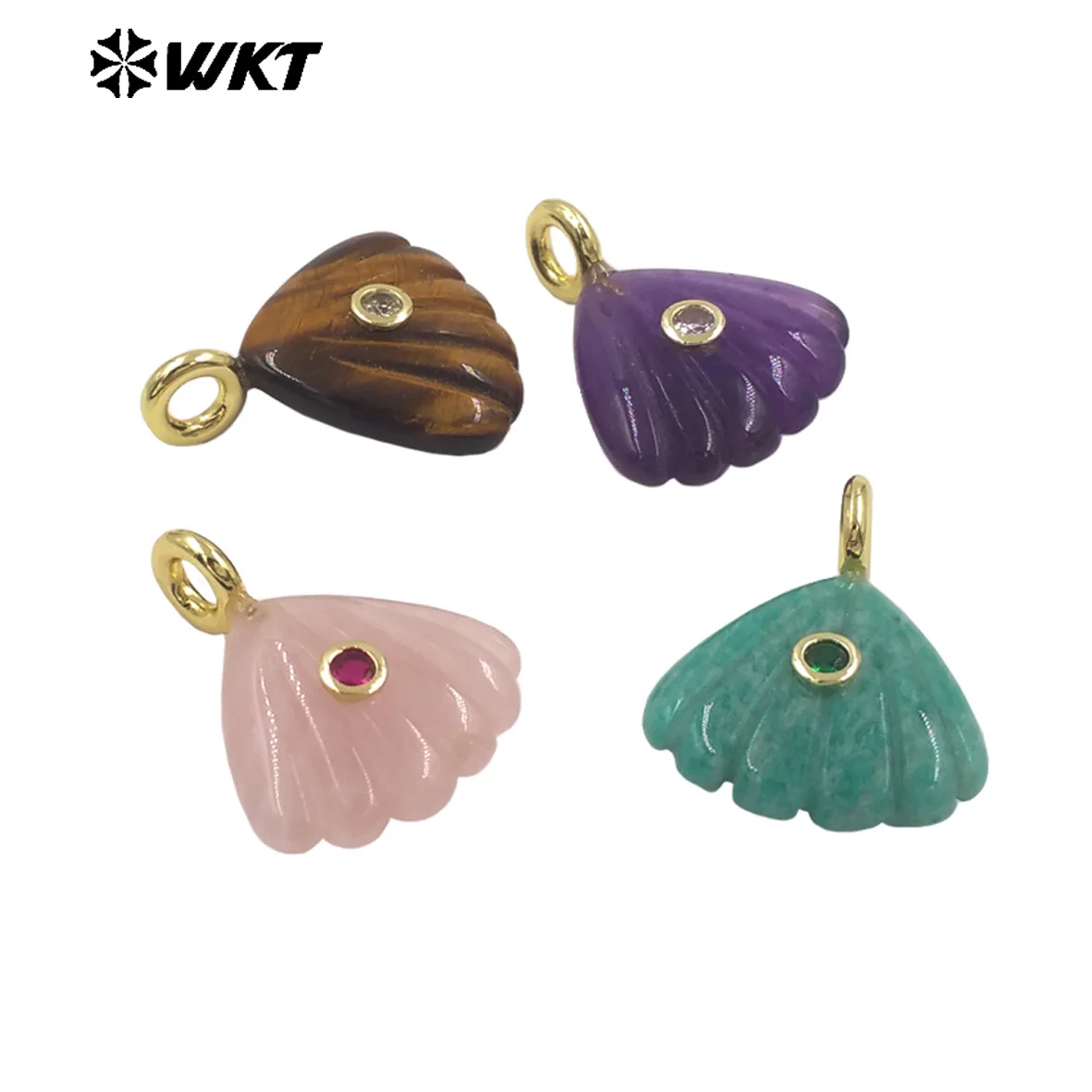 WT-P2054 Lovely And Vivid Fans Shell Shape Gemstone&Tiny Zircon Paved Pendant White Crystal Tiger Eye Stone Charms Findings