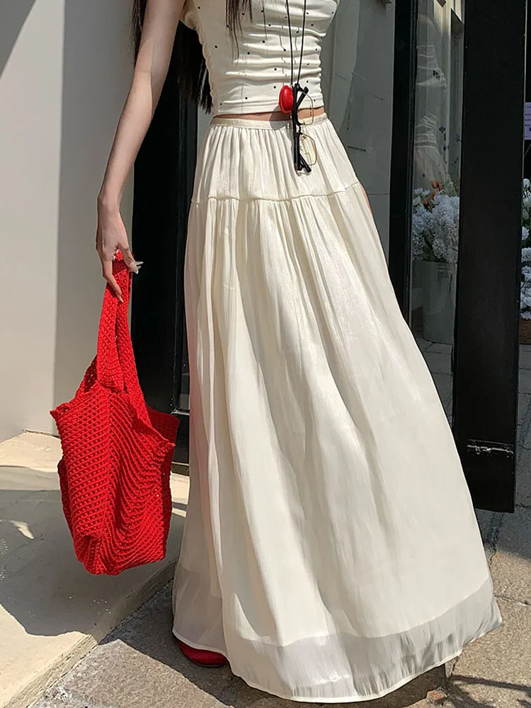 Fashion Elegant Long Skirt Women Spring Summer Chic Office Lady A Line Skirts Female High Waist Korean Folds Loose Casual Skirt - view 5