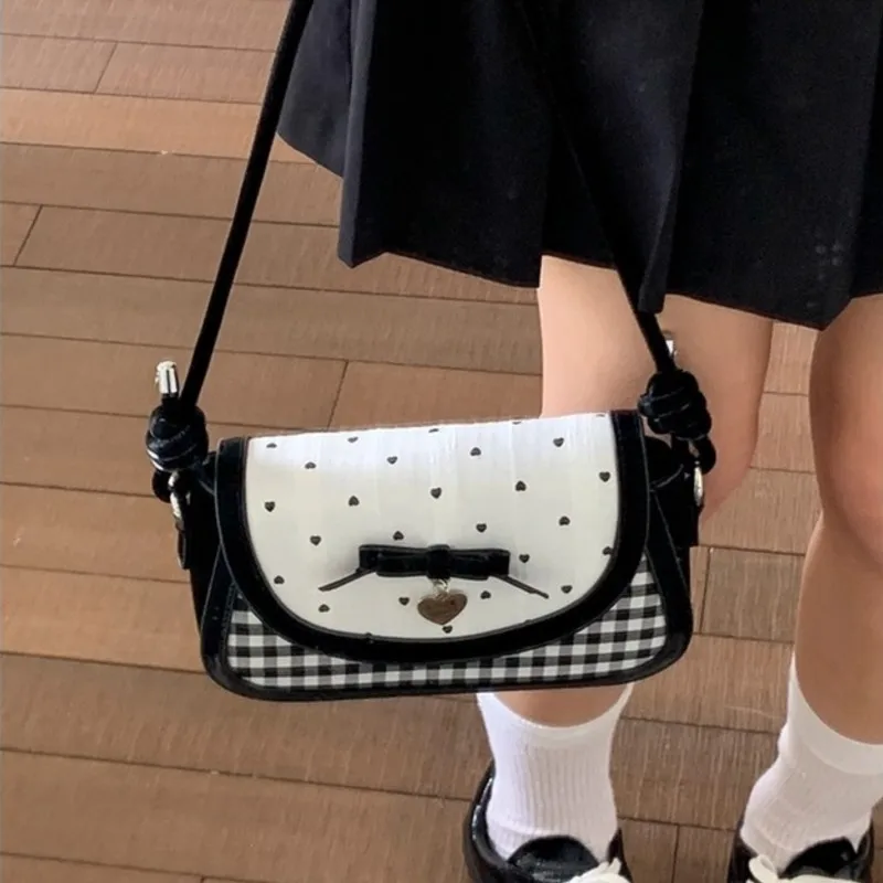 

Sweet Cute Bowknot Handbag Women Korean Style Heart Plaid Print Shoulder Bag Ladies Elegant Gentle Fashion Small Square Bag 2025