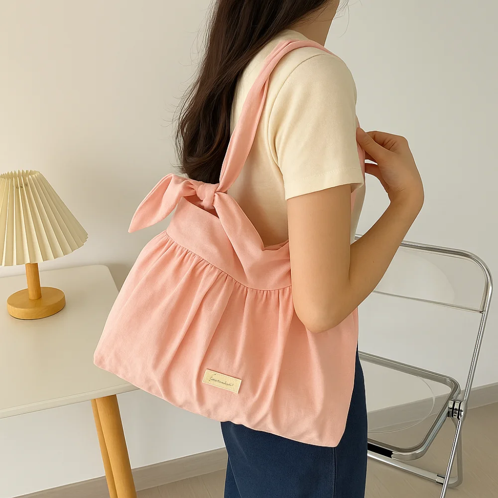 

Sweet Canvas Pleated Shoulder Bag Large Capacity Bow Pleated Hobo Bag Fresh Color Korean Style Korean Underarm Bag Student