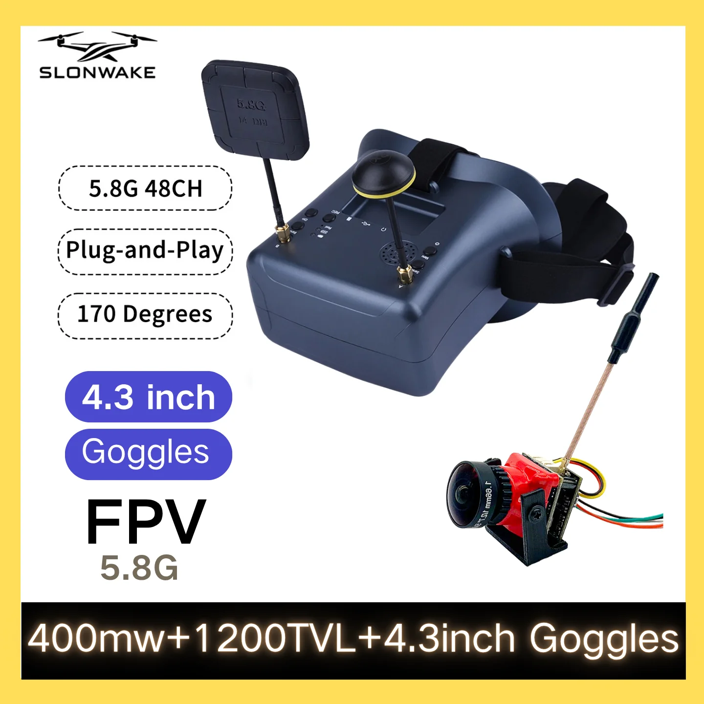 

SLONWAKE 5.8G 48CH FPV 400mw VTX 1200TVL Camera 4.3-Inch Eye Mask for Racing Drones, RC Cars and Model Aircraft Fixed-Wing Dro