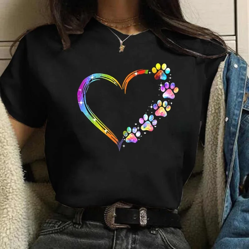 

Cute Women Loose T Shirts Rainbow Heart Pet Paw Print Black Casual Graphic Tees Soft Comfort Trendy Daily Fashion Dog Lover Tops