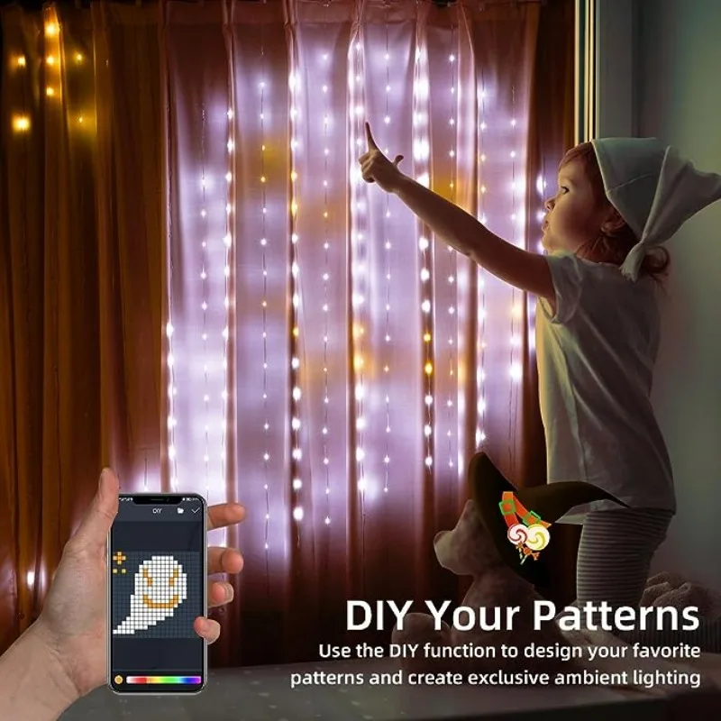 Cortina de luces LED RGB con Control por aplicación inteligente, guirnalda de hadas para ventana, dormitorio, decoración de Navidad al aire libre