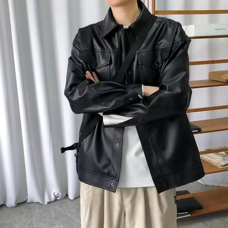 

New Autumn and Winter Pu Leather Lapel Loose Retro Motorcycle Suit Men's Casual Windproof Jacket