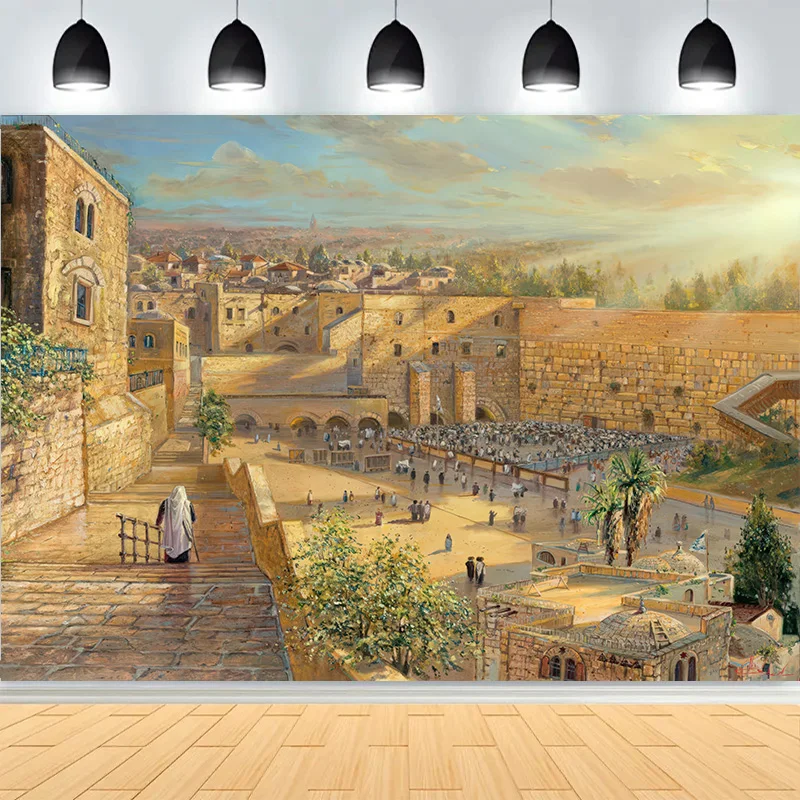 

Golden Dome Of Shrine Photography Backdrops Jerusalem's Old City Western Wall On Temple Landscape Mountains Background YSL-01