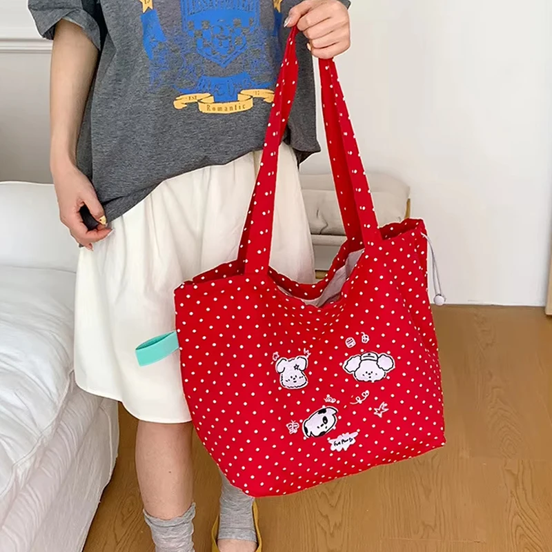 Korean Style Polka Dot Puppy Embroidery Tote Bag Cute Cartoon Canvas Handbag Large Capacity Lightweight Commute Shoulder Bag