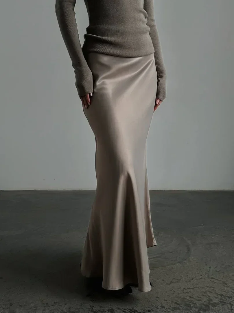 Wolfeel Casual ซาตินกระโปรงสตรีฤดูใบไม้ผลิฤดูร้อนแฟชั่นหลวมสูงเอว Maxi กระโปรง Elegant Simple Slik Fishtail กระโปรง