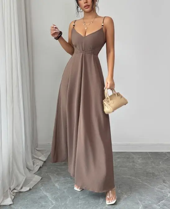 

Sexy Women's Summer New Solid Color Deep V-Neck Lace Up Waist Bead Shoulder Strap Suspender Dress Suitable for The Beach