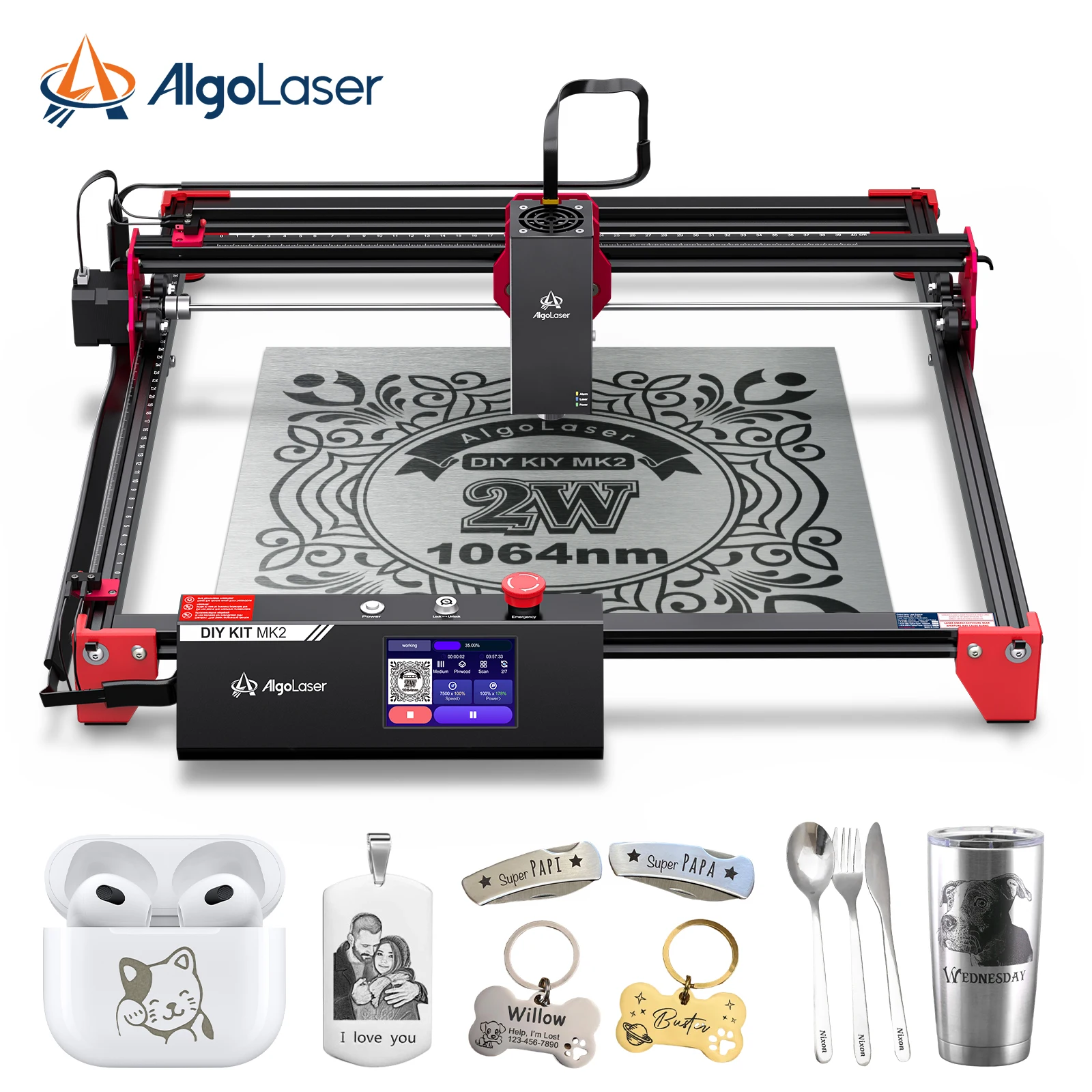 AlgoLaser MK2 10W Diode & 2W IR Dual Metal Laser Engraver Built-in Touch Screen, 12000mm/m Laser Engraver for Metal Tumblers