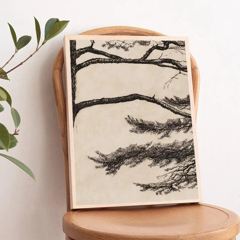 Pine Tree Branch Drawing Posters and Prints Vintage Canvas Painting Wall Art Picture for Living Room Home Decoration Cuadros