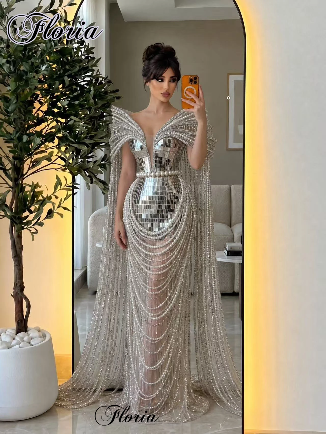 Luxuriöse Silber-Perlen Promi-Kleider Schulterfreie Handgefertigte Abendkleider Couture Vestidos De Noche Maßanfertigung