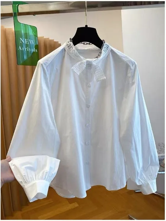 

Рубашка в корейском стиле с длинным рукавом, белая, весна 2026, с эффектом омоложения, воротник-стойка с узлом, женский повседневный модный топ