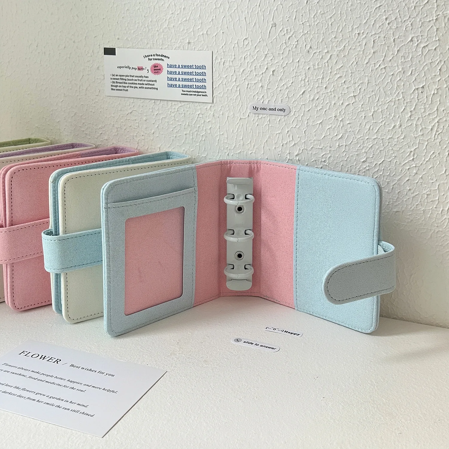 PU Loose-Leaf Book, 3-Hole, Glitter, Match Color, Rosa, Roxo, Azul, Armazenamento de Cartão Pequeno, Papelaria Escritório