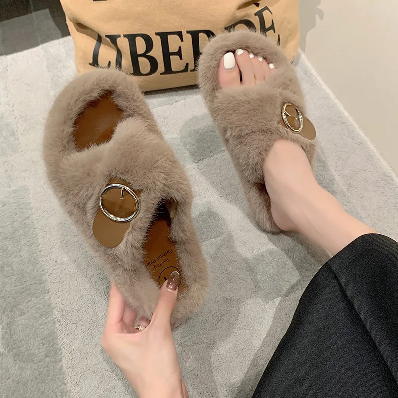 Warm Fluffy Slippers Women'S Plush Slippers Comfortable Belt Buckle  Faux Fur Cross Indoor Floor Slippers Flat Soft Fur Shoes