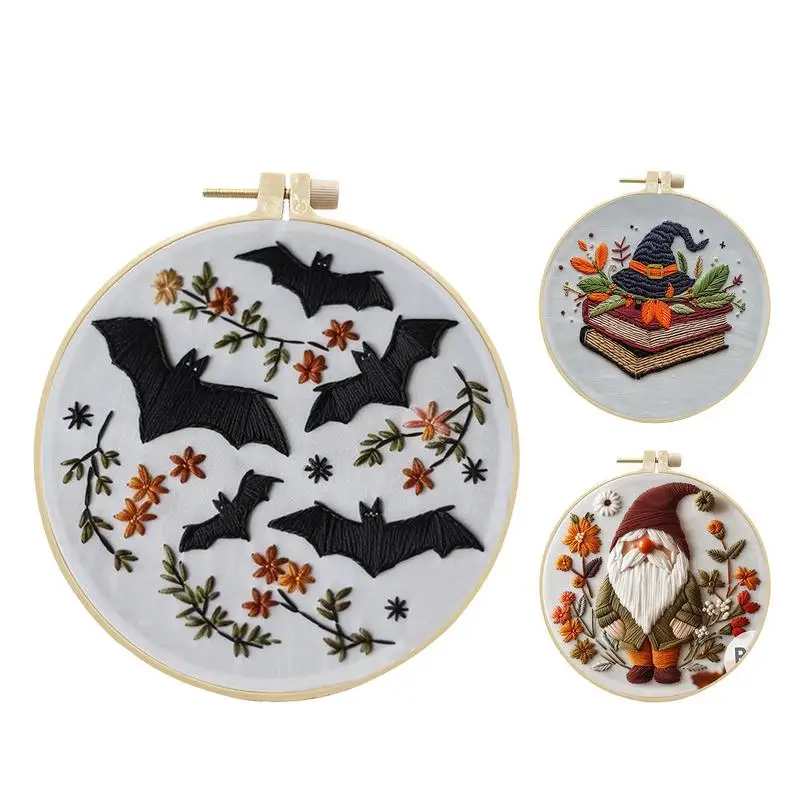 Halloween Bordado Kit para Iniciantes e Crianças, Bats Wreath Needlework Set, Brinquedos De Artesanato, Art Craft Presentes