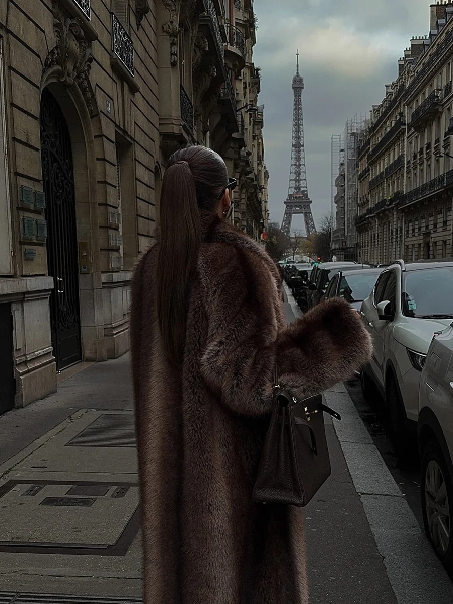 Brown Stripes Gradient Premium Faux Fur Maxi Long Coat Luxury Vintage Fluffy Lapel Collar Midi Coat Pinterest Style Slay Outfits