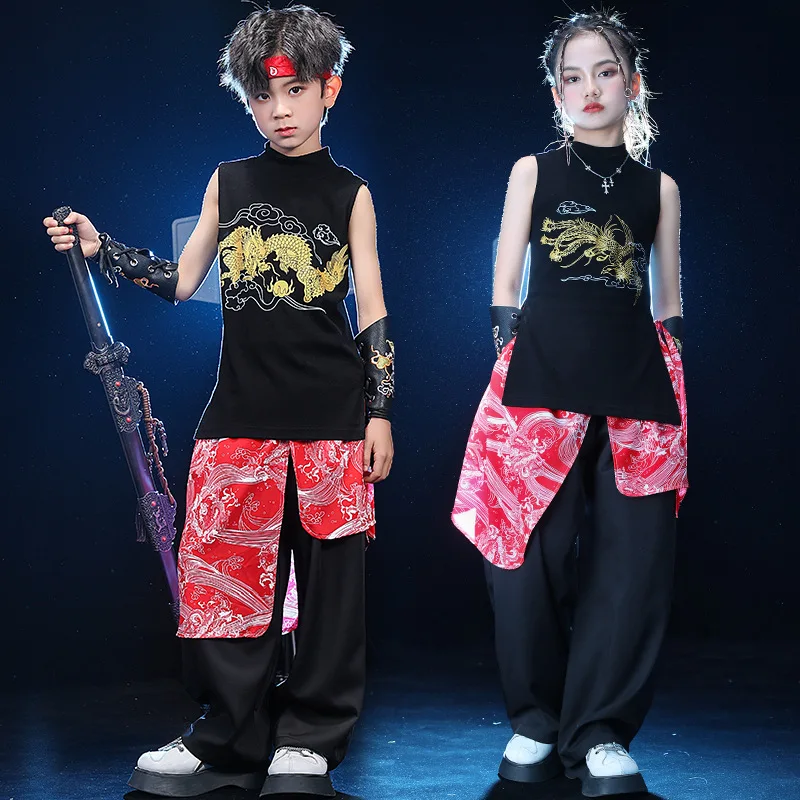 Kid Chinese Tradition Black Kung fu Tai Chi Tank Top Casual Wide Pants for Girl Boy Hip Hop Clothing Jazz Dance Costume Clothes