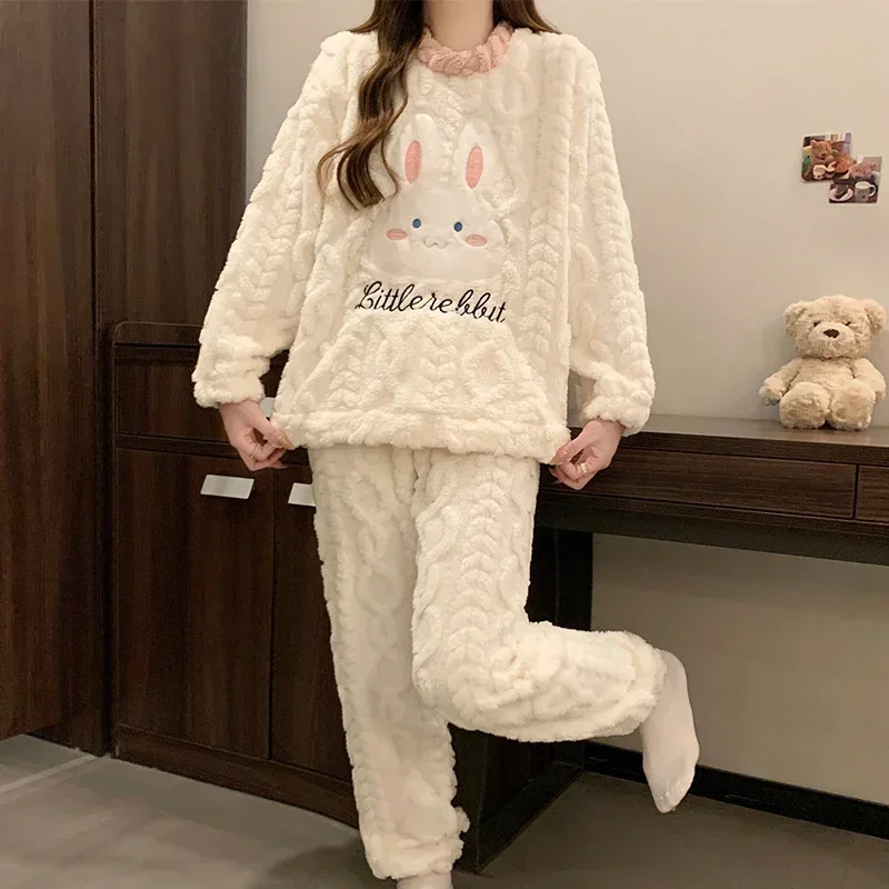 

Autumn Winter Women Pijamas Flannel Warm Women's Pajamas Sets O-Neck Long Sleeve Women Two Piece Set lovely rabbit Print Pyjamas