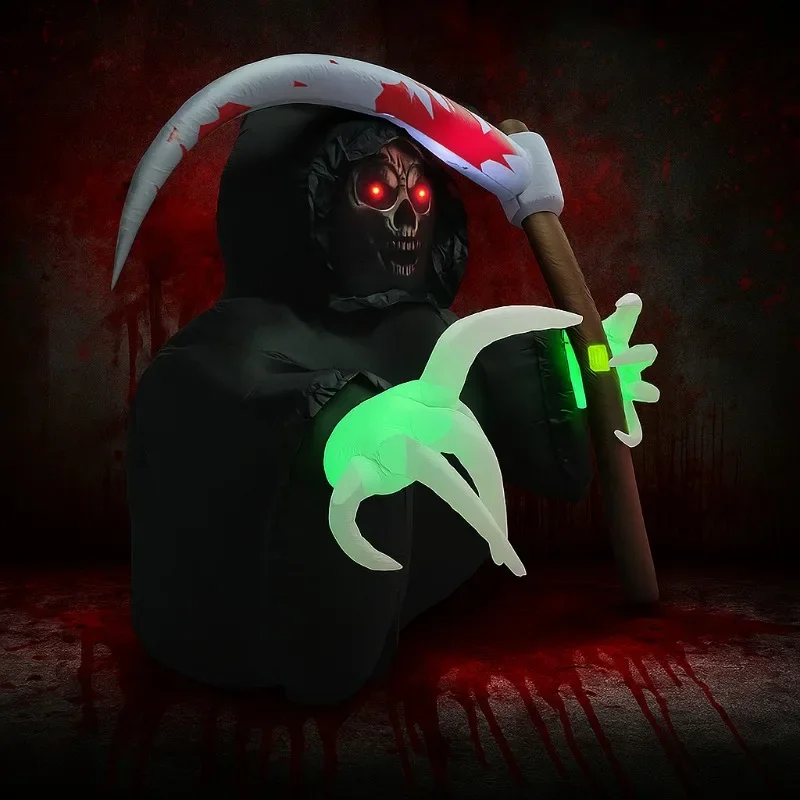 Juguetes inflables de Halloween de 6,8 pies, decoraciones Grim Reaper con LED integrados, explosión para fiestas, vacaciones, decoraciones de patio al aire libre