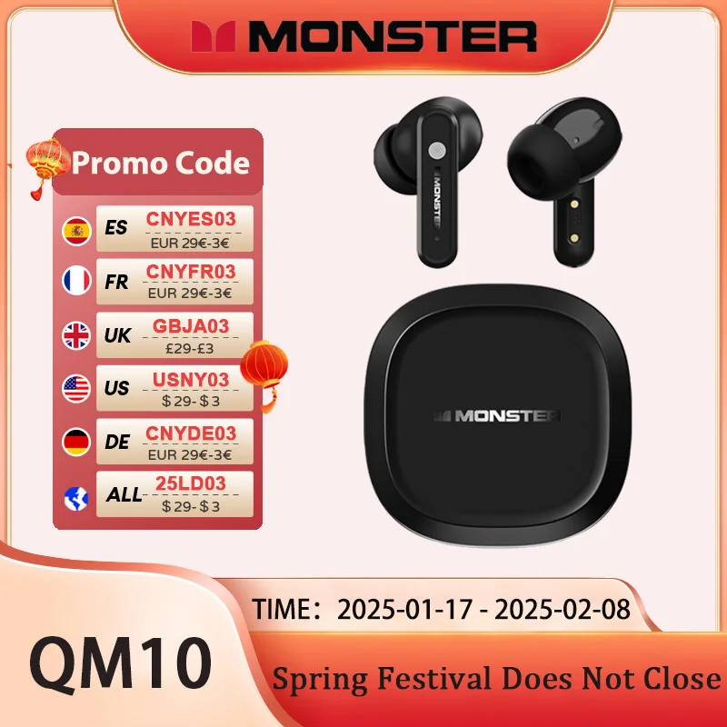 Choice Monster QM10 TWS Wireless Bluetooth Headphones ANC Smart Noise Canceling Earbuds Music Gaming Ergonomic Headset