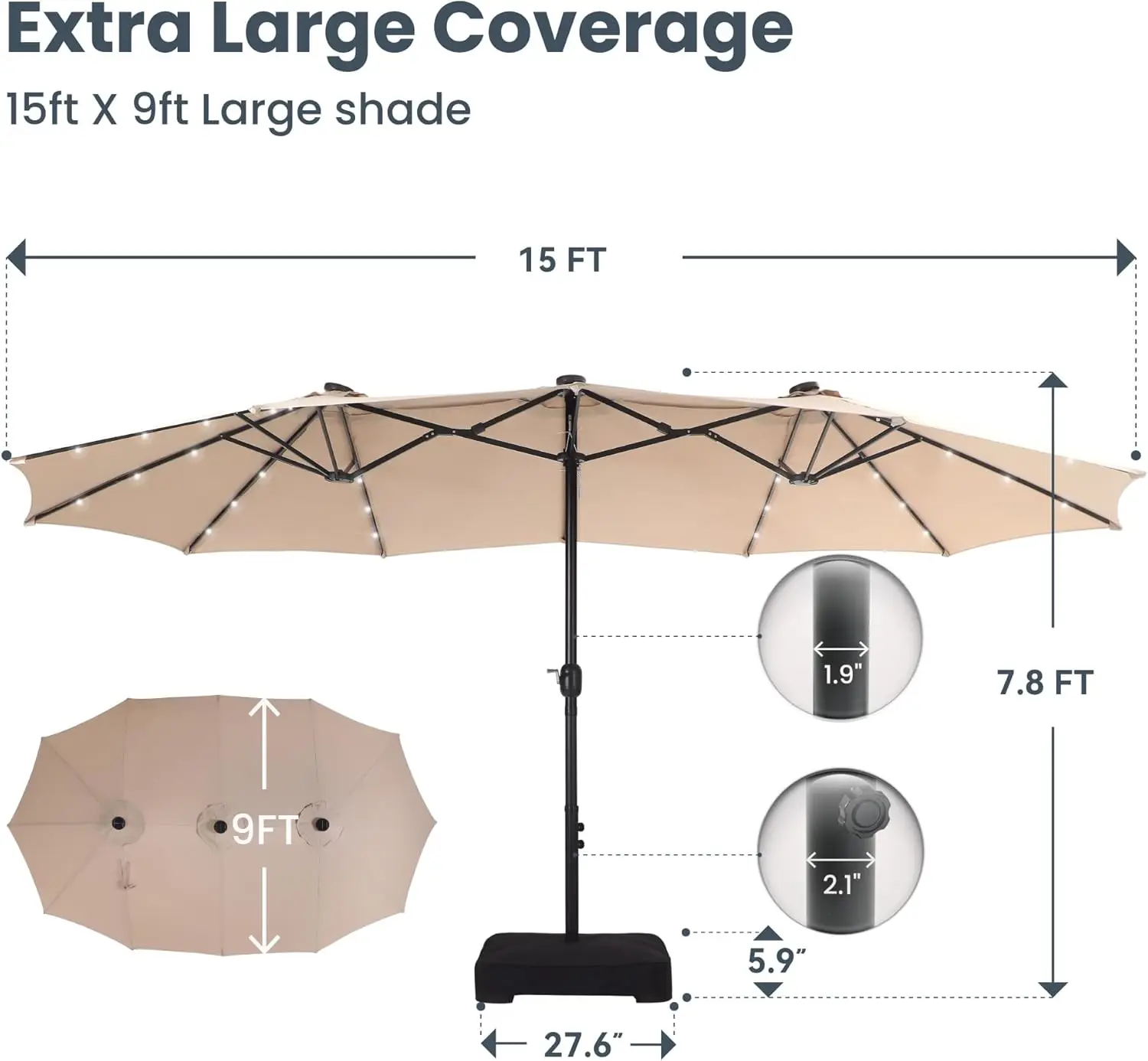 15ft Large Patio Umbrella with Base & Solar Lights, Double-Sided Outdoor Rectangle Umbrellas with 36 LED Lights, Beige