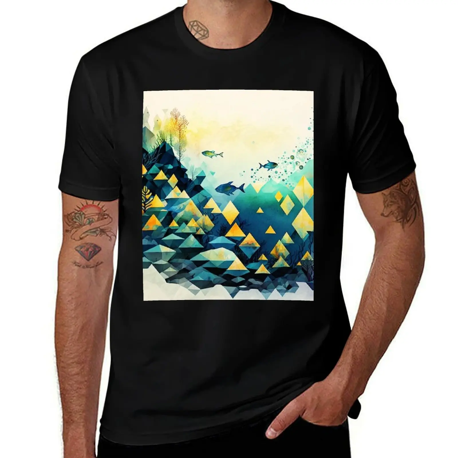 underwater geometric shapes watercolor T-Shirt Large Size Basic Casual T-Shirt