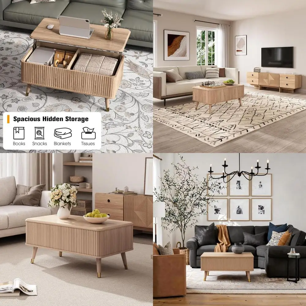 

Журнальный столик в стиле Mid-Century Modern с местом для хранения, ножки из массива дерева, 38 элементов в минималистичном дизайне для гостиной или домашнего офиса, натуральный дуб