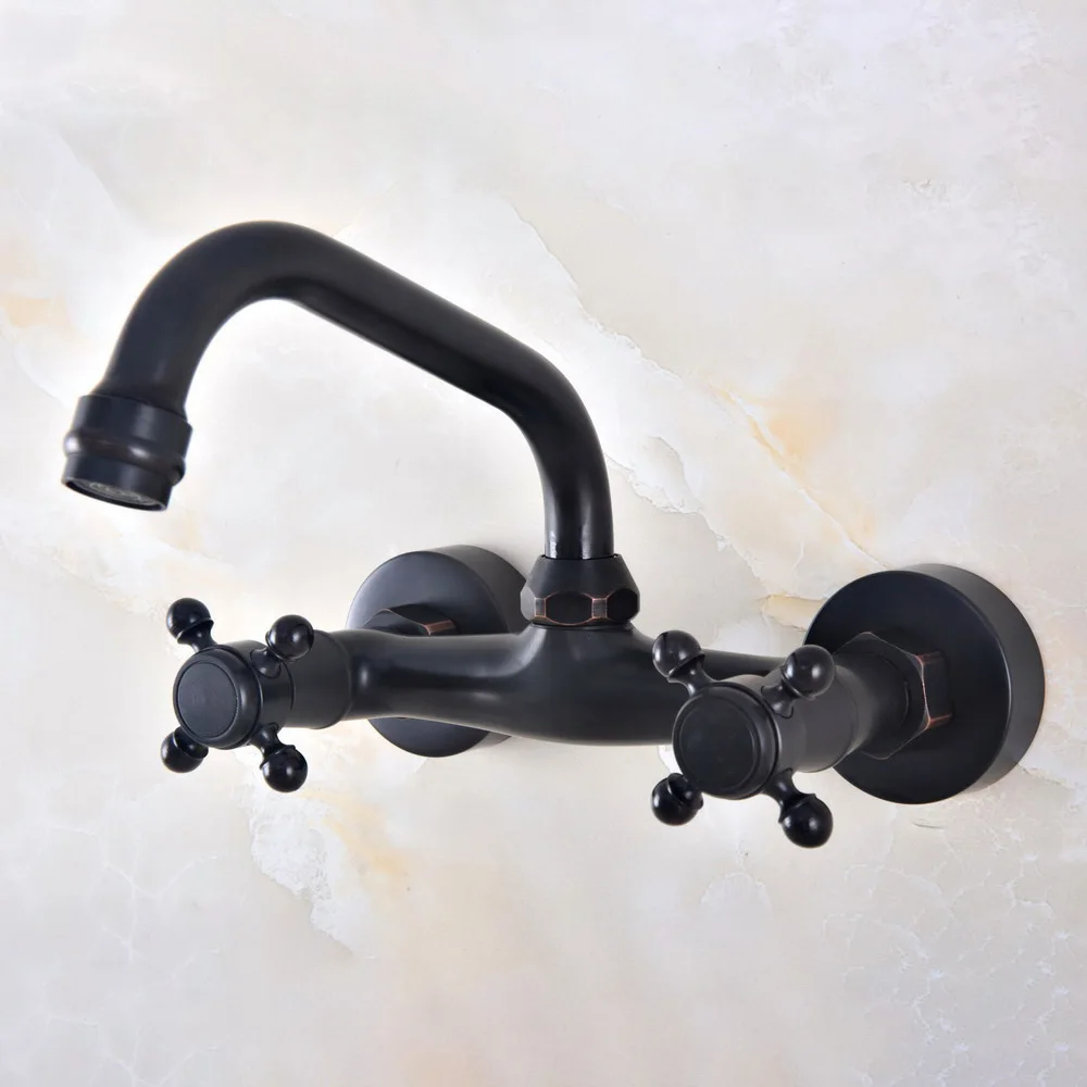 

Wall Mounted Double Handle Oil Rubbed Black Bronze Bathroom Basin Sink Mixer Tap Faucet Lnf811