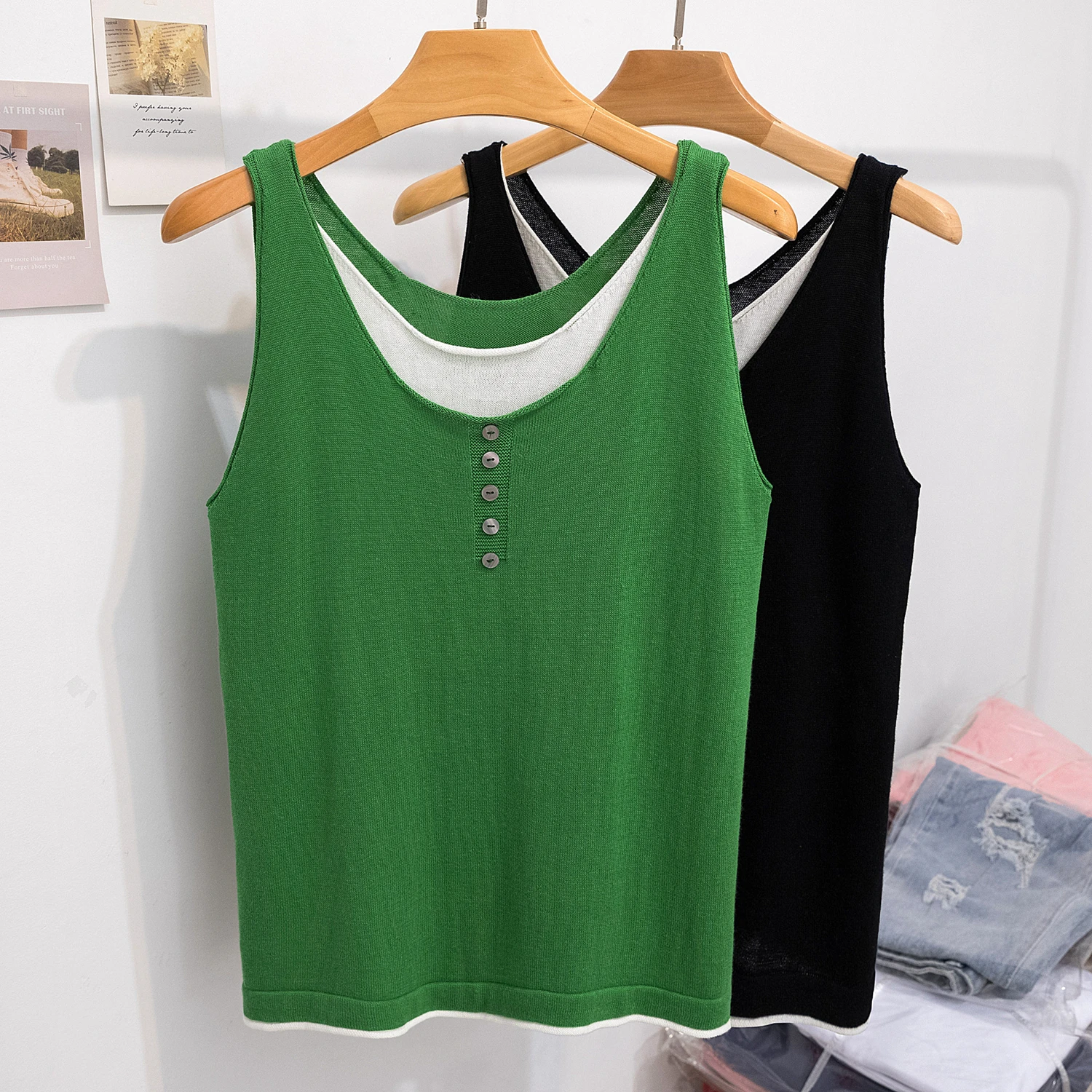 

plus Size Knitted Vest Top Color Block Bead Summer Street Style Loose Fit Wool Blend Sleeveless round Neck T-Shirt for plus S...