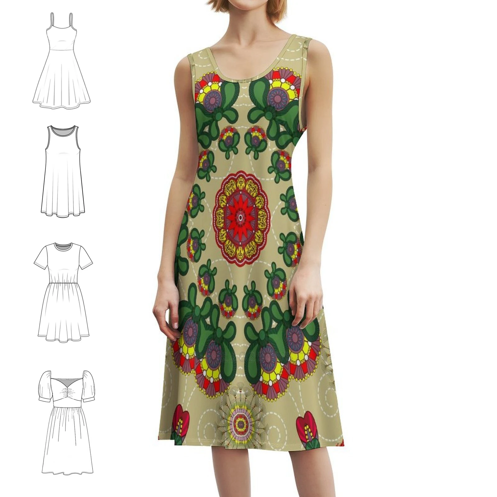 Indian Summer Bohemian Sleeveless Dress For Women Print Beach Party Dresses Pattern Flower Floral Red Vector Swirls Evening