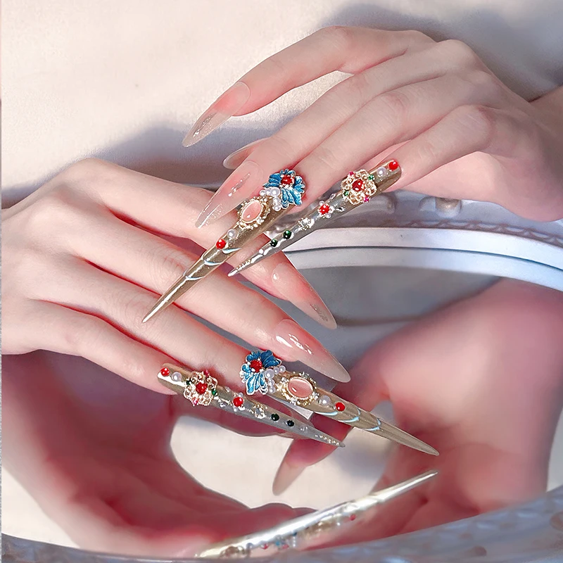 

14Piece（4long+10short）Palace Style Press On Nails, Gold Base with Colorful Gemstones Flower Decor, Long Stiletto Shape