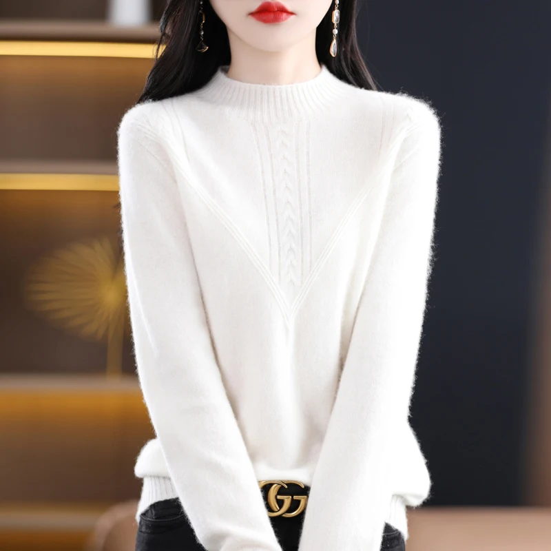 

2024 Autumn/Winter New 100% Pure Wool Sweater Half High Collar Knitted Versatile to Look Thin