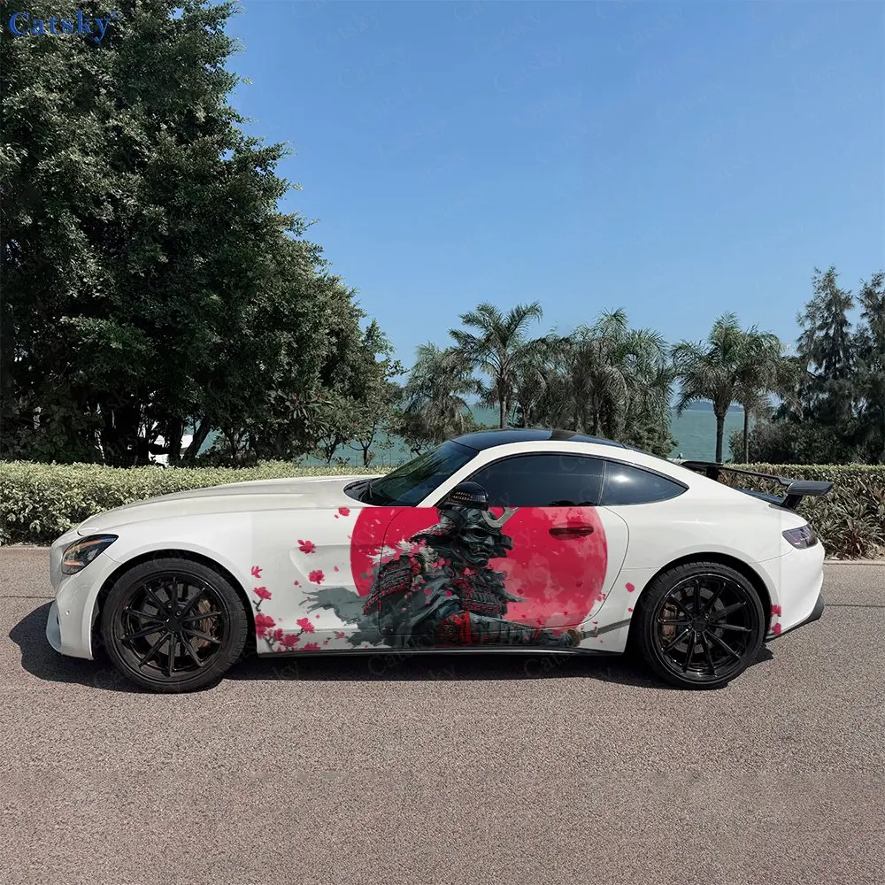 2pcs Falling Cherry Blossom Samurai Car Side Wrap, Self-Adhesive PVC Waterproof & Scratch-Resistant Stickers, Car Accessory Gift