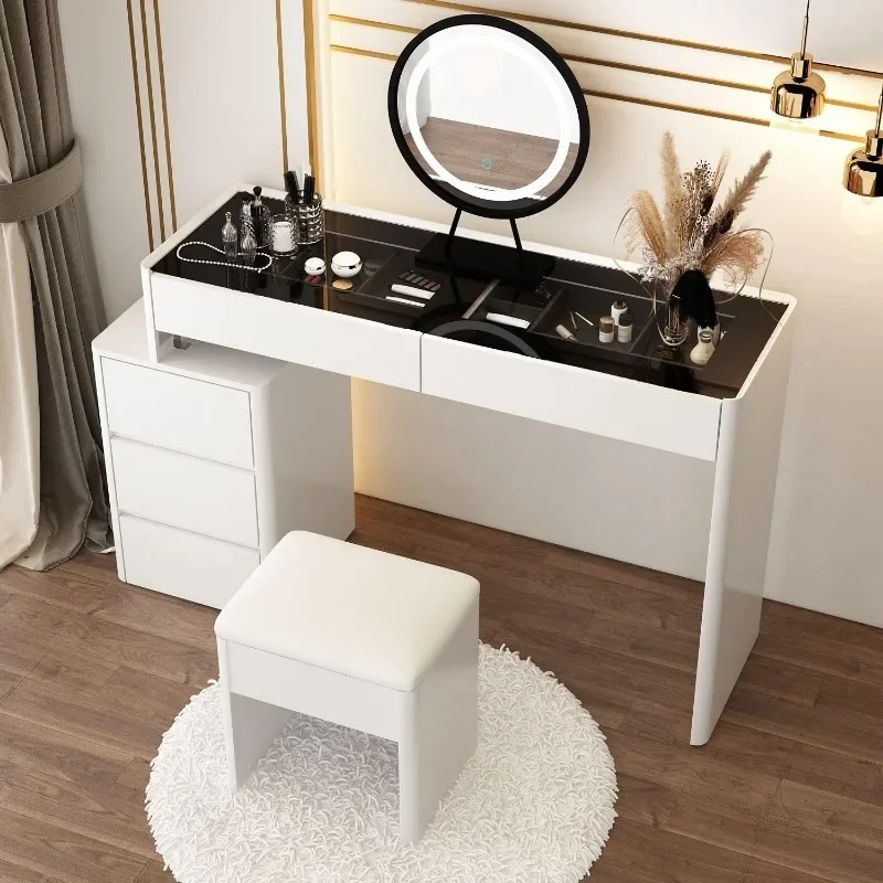 Modern Vanity Desk with Lighted Mirror & Glass Desktop, Makeup Vanity with Drawers, Makeup Desk Dressing Table, Round Edge,