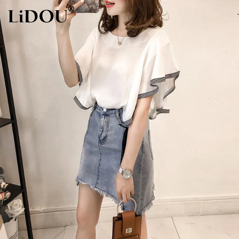 Summer Solid Color Chiffon Elegant Fashion Shirt Women Aesthetic All Match Loose Casual Blouse Female Chic Sweat Lady Pullover