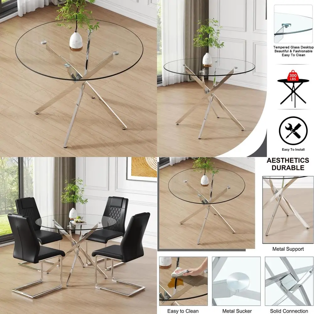 

Stylish 42 Silver Tempered Glass Dining Table with Chrome Legs and Adjustable Foot Pads