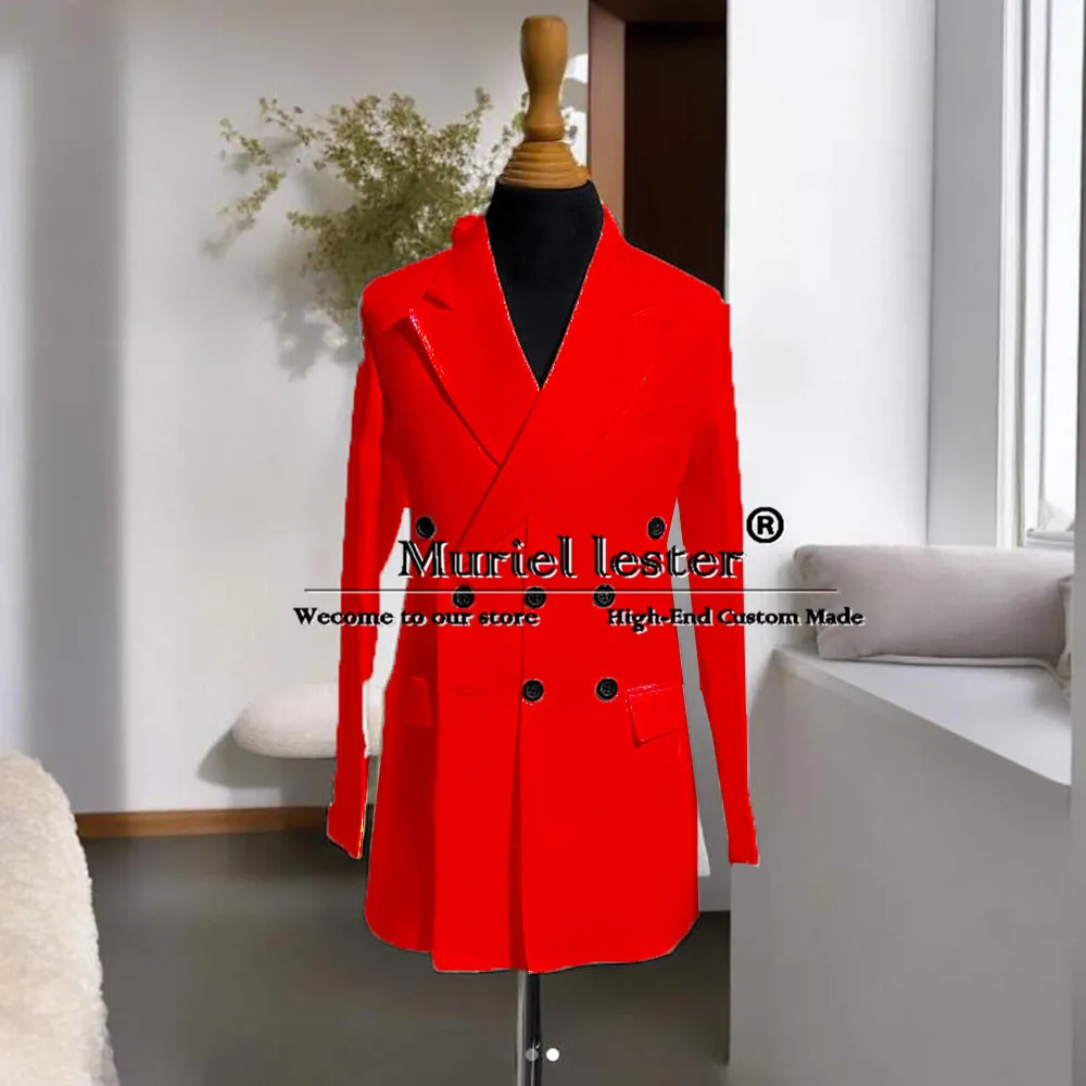 

Man Red Suit Jacket Tailored Made Notch Lapel Prom Blazer Formal Business Outwear Tweed Blend Trench Coat Long Men's Overcoat