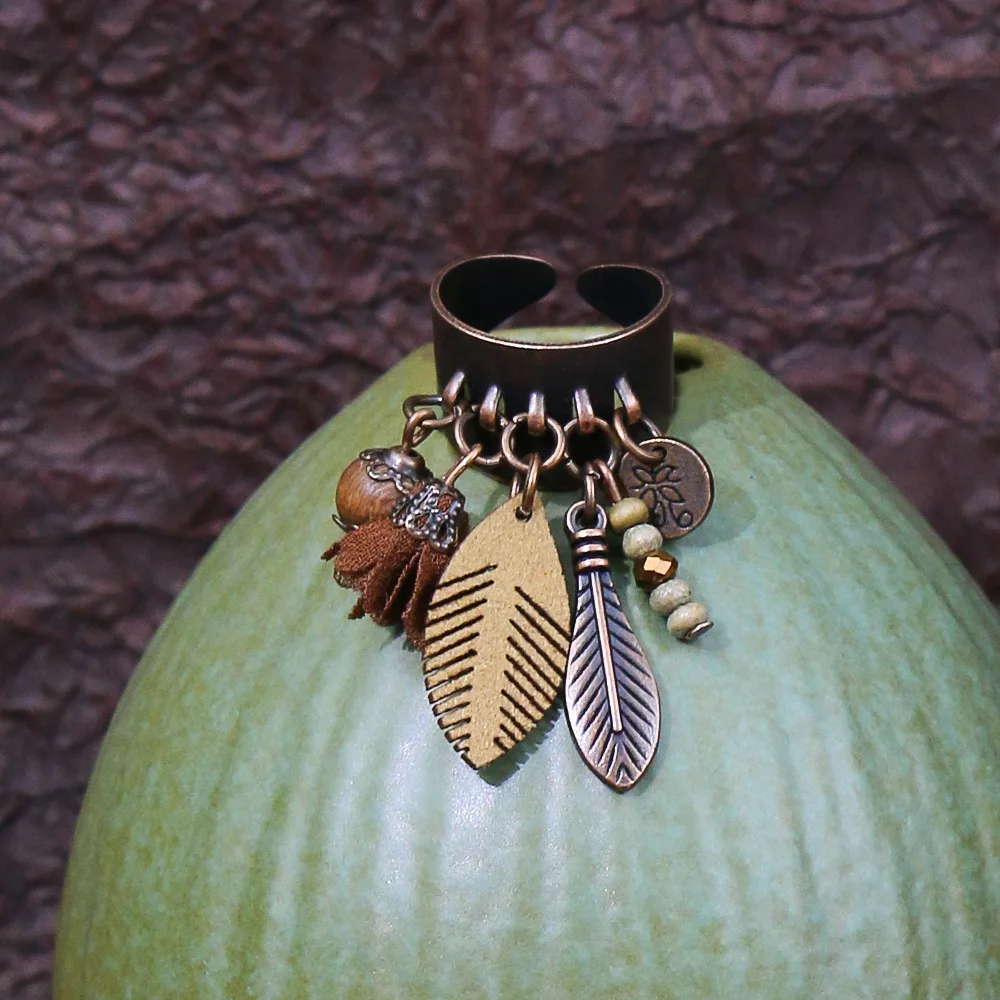 Ethnic Flower Feather Tassel Rings For Women 2023 Vintage Antique Wooden Beads Tassel Geometric Indian Jewelry Gifts Female