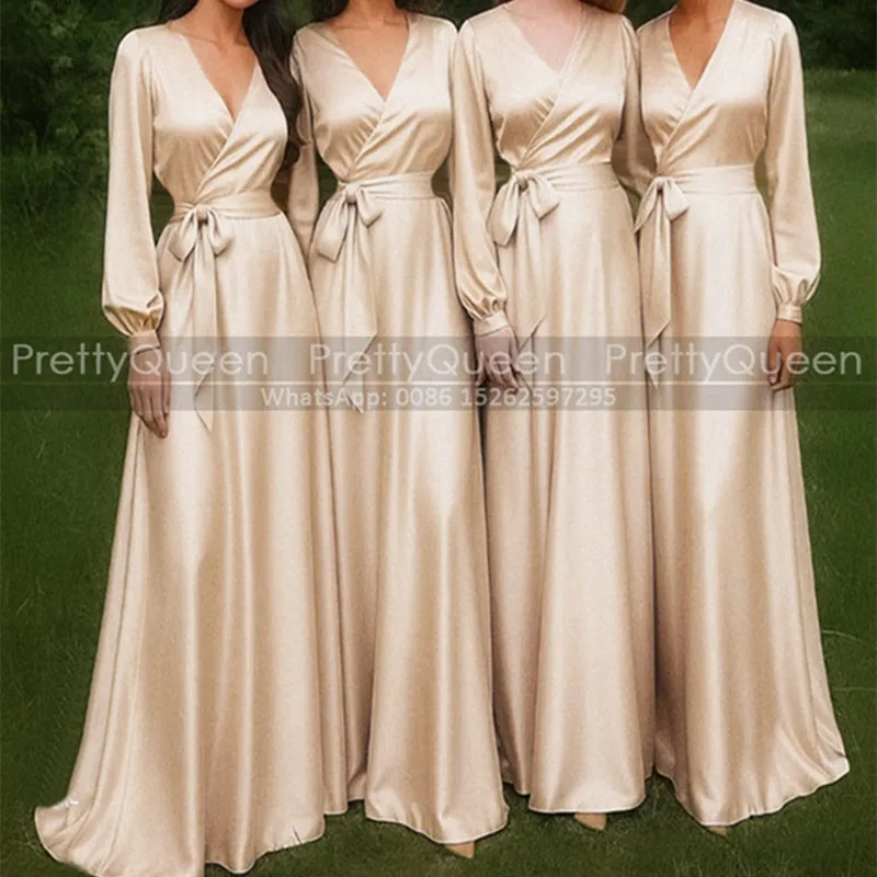 

Customized A Line Bridesmaid Dresses Deep V Neck Long Sleeves Sash Wedding Party Dress For Women