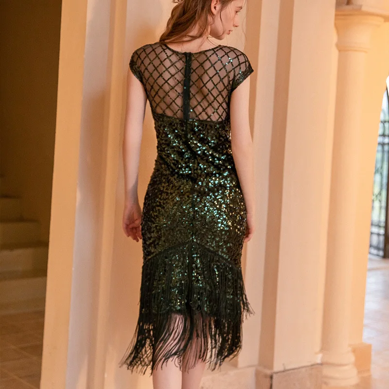 1920s Sexy Sequin Beaded Dress Host Tassel Cocktail Great Gatsby Banquet Evening Dress Nightclub Party