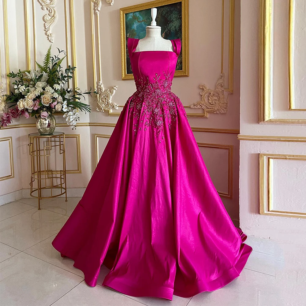 Fuchsia Evening Dress Real Prom Gown Strapless Sleeveless Beading Applique A Line Satin Saudi Party Dresses for Weddings