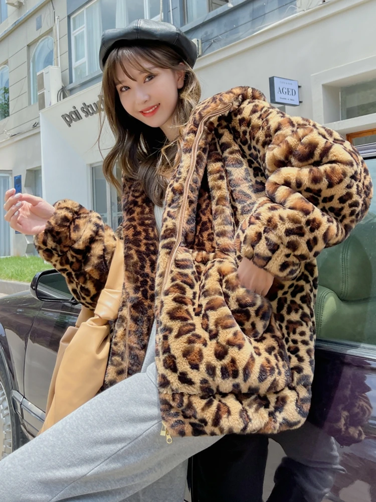 Female Cute Bear Ears Hooded Faux Fur Coat Fashion Leopard Print Jacket Lady Outerwear Women's Winter Coats Factory Direct Sales