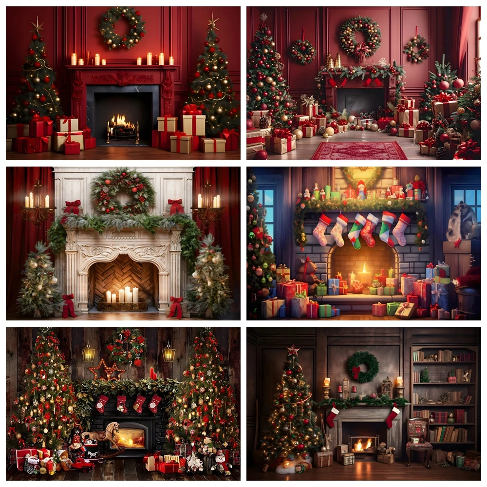 Christmas Fireplace Photography Backdrop Xmas Tree Gifts Christmas Decoration Party Family Kids Portrait Photo Background Props